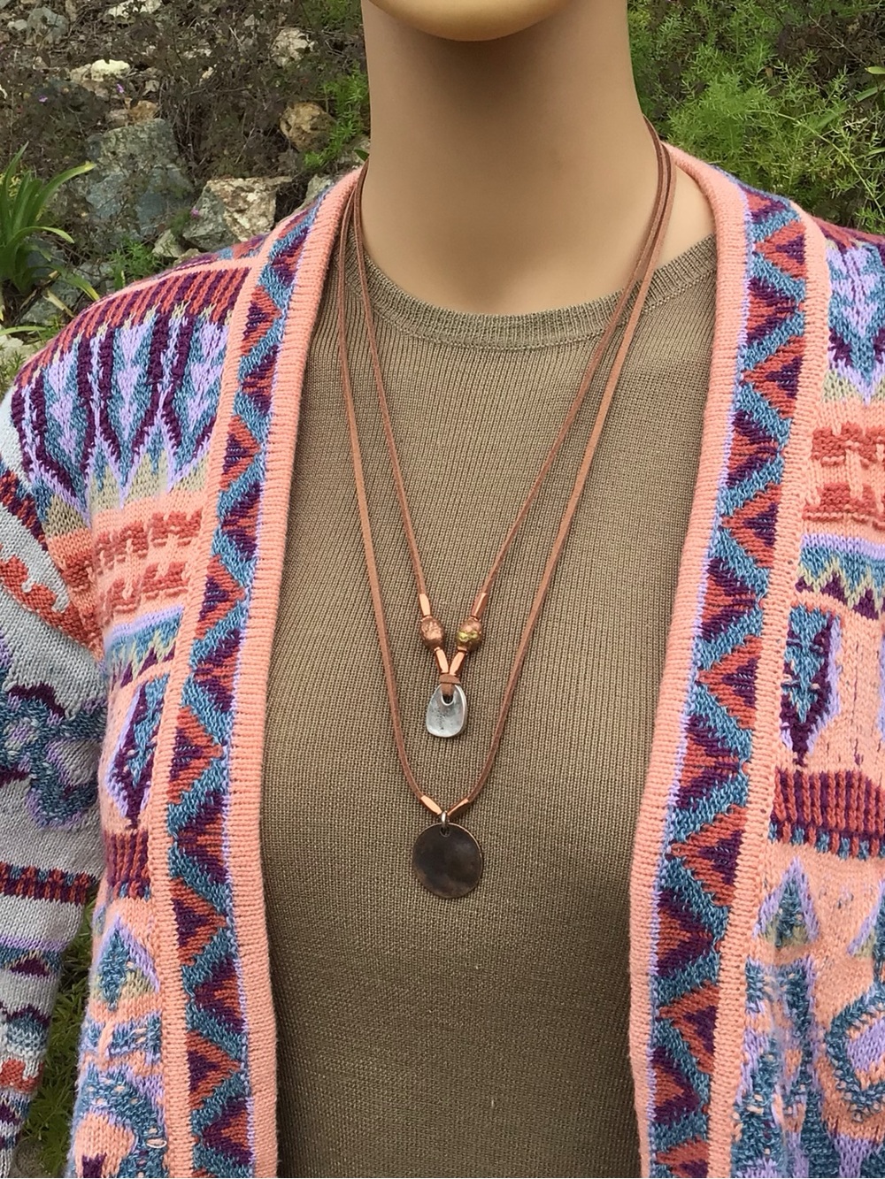 Set of 2 Hammered Copper Disc Silver Sundance Charm suede cord necklaces